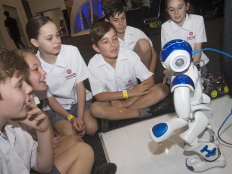 Salvado Catholic College students with a Robot during Day 2 of the 2019 Resources Technology Showcase at the Perth Convention and Exhibition Centre.
Picture by Matt Jelonek The West Australian 28 Nov, 2019