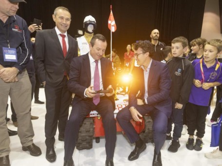 Premier Mark McGowan is handed a control to a robot at the Rio Tinto pavilion during the Resources Technology Showcase 2021 at the PCEC on June 22, 2021. Photo by Matt Jelonek/The West Australian.