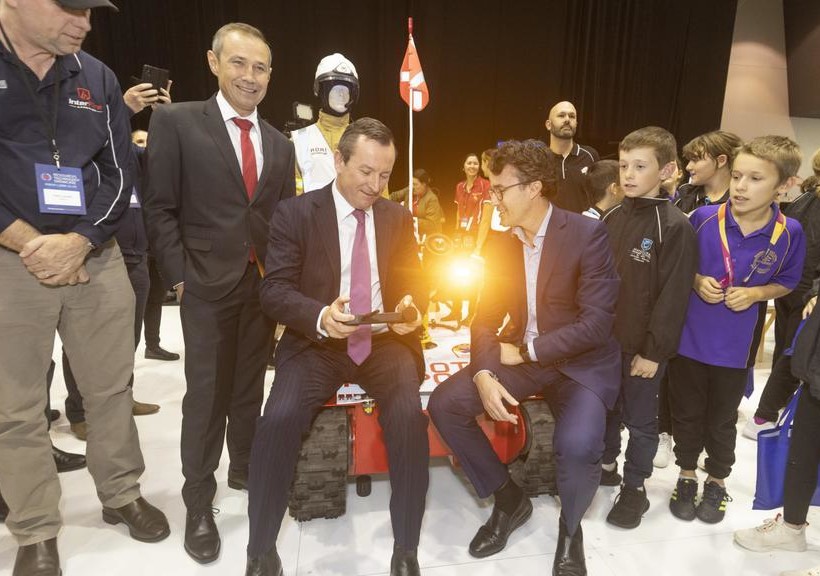 Premier Mark McGowan is handed a control to a robot at the Rio Tinto pavilion during the Resources Technology Showcase 2021 at the PCEC on June 22, 2021. Photo by Matt Jelonek/The West Australian.