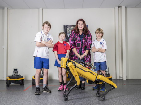 Chironix, Osborne Park. Children Archie Douglas (11), Sailor Douglas (9), Jake Freedman (10) with Minister For Defence Industry Melissa Price.Picture: Simon Santi The West Australian